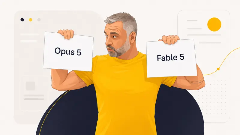 Olaf Kunz hält zwei Schilder mit den Modellnamen Opus 5 und Fable 5 und vergleicht sie