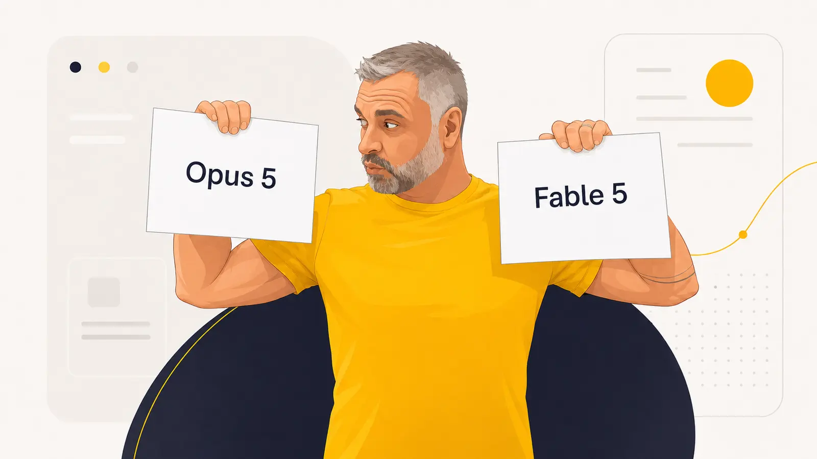 Olaf Kunz hält zwei Schilder mit den Modellnamen Opus 5 und Fable 5 und vergleicht sie