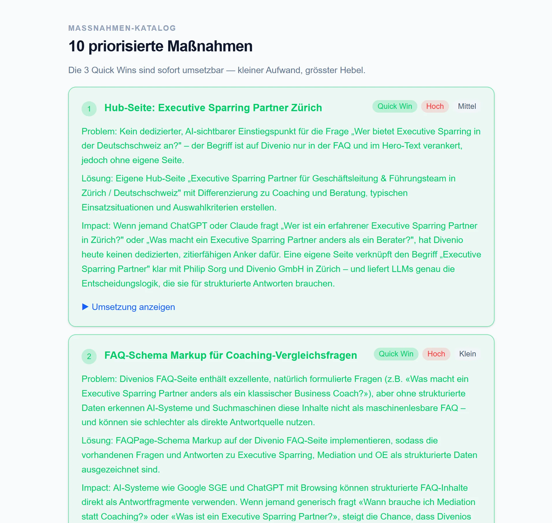 MentionBee Massnahmenkatalog: 10 priorisierte Massnahmen, Hub-Seite Executive Sparring Partner Zürich als Quick Win Nr. 1
