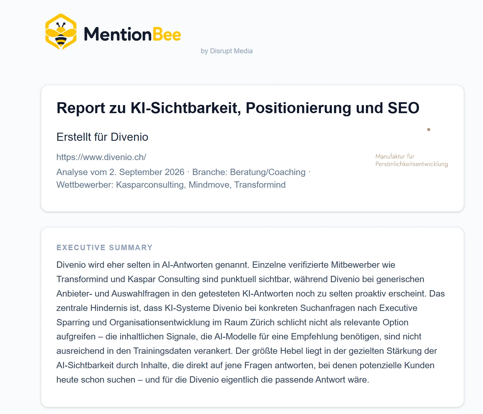 MentionBee Report-Header für Divenio: Branche Beratung/Coaching, Analyse vom 2. September 2026