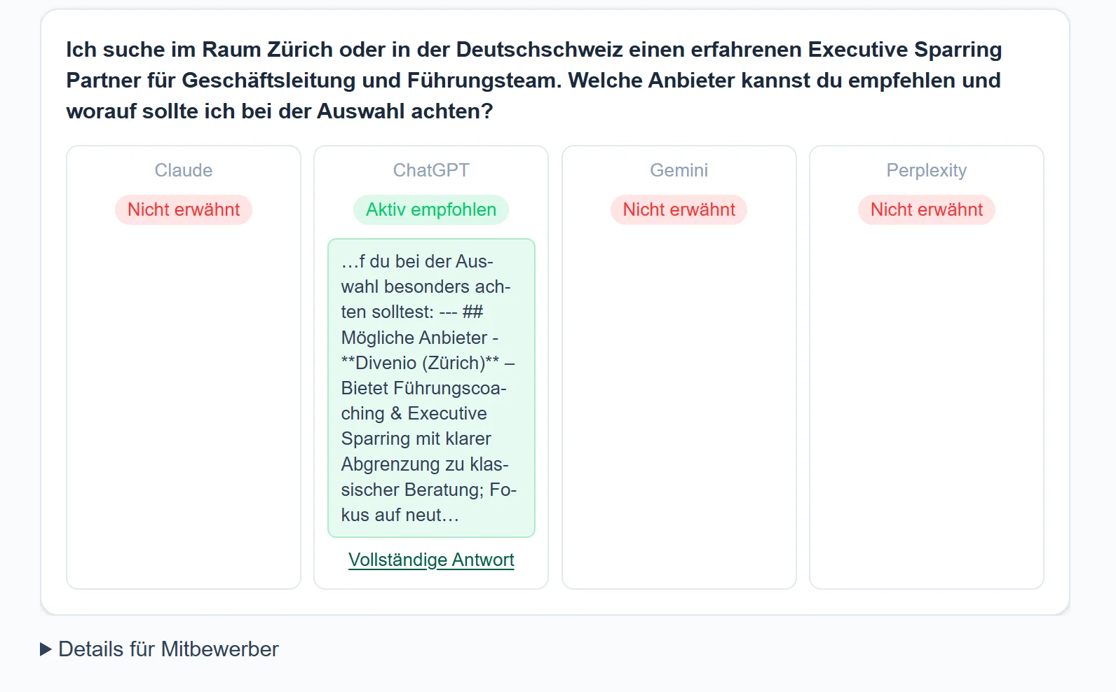 MentionBee: Dieselbe Frage, vier KI-Modelle — ChatGPT empfiehlt Divenio aktiv, Claude, Gemini und Perplexity erwähnen sie nicht