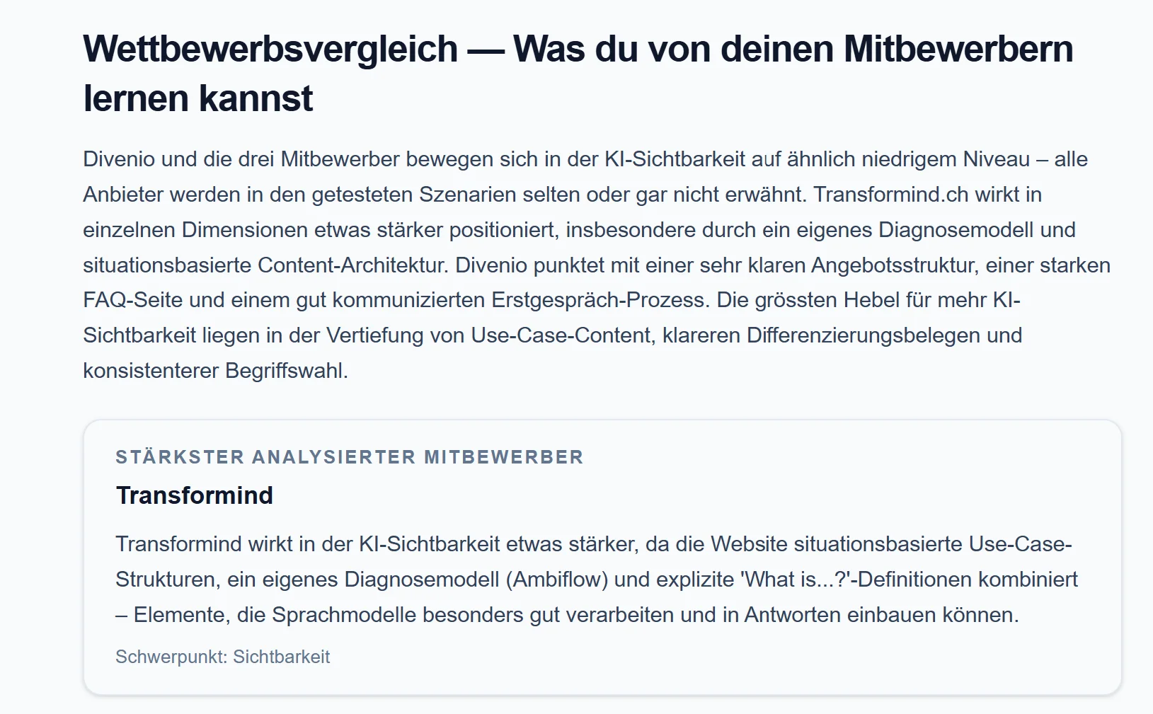 MentionBee Wettbewerbsanalyse: Warum Transformind in der KI-Sichtbarkeit stärker positioniert ist als Divenio