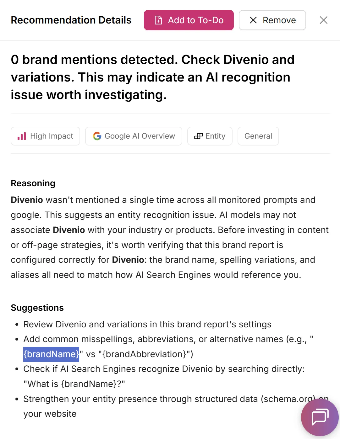 Otterly Recommendation mit ungefülltem Platzhalter: {brandName} statt Divenio im Suggestions-Text sichtbar