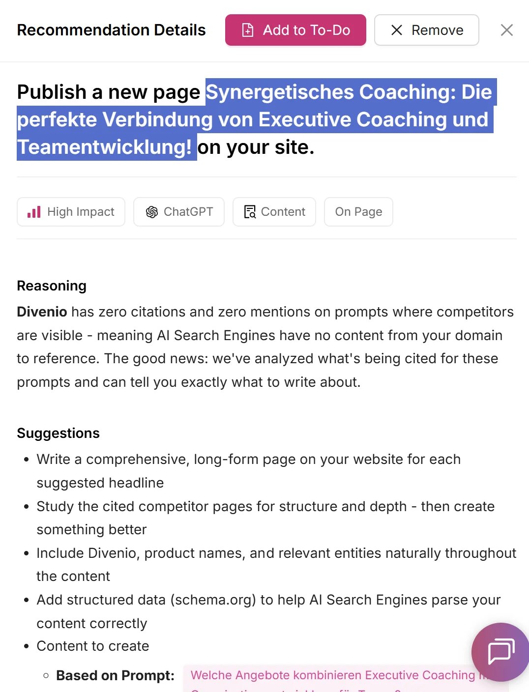 Otterly schlägt vor: "Synergetisches Coaching: Die perfekte Verbindung von Executive Coaching und Teamentwicklung!" — generierter Titel ohne Bezug zur tatsächlichen Positionierung von Divenio