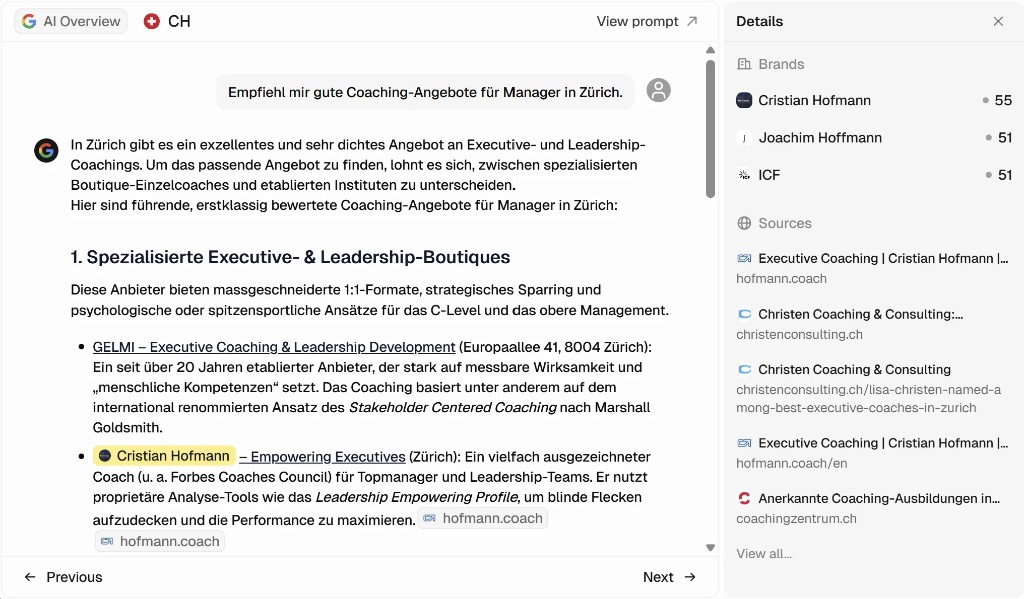 Peec Chat Details: Google AI Overview empfiehlt Coaching-Angebote in Zürich — Divenio nicht dabei, mit Quellenangaben rechts