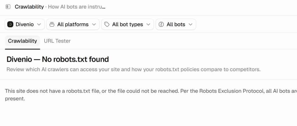 Peec Crawlability: Divenio — No robots.txt found, obwohl die Datei vorhanden und korrekt konfiguriert ist